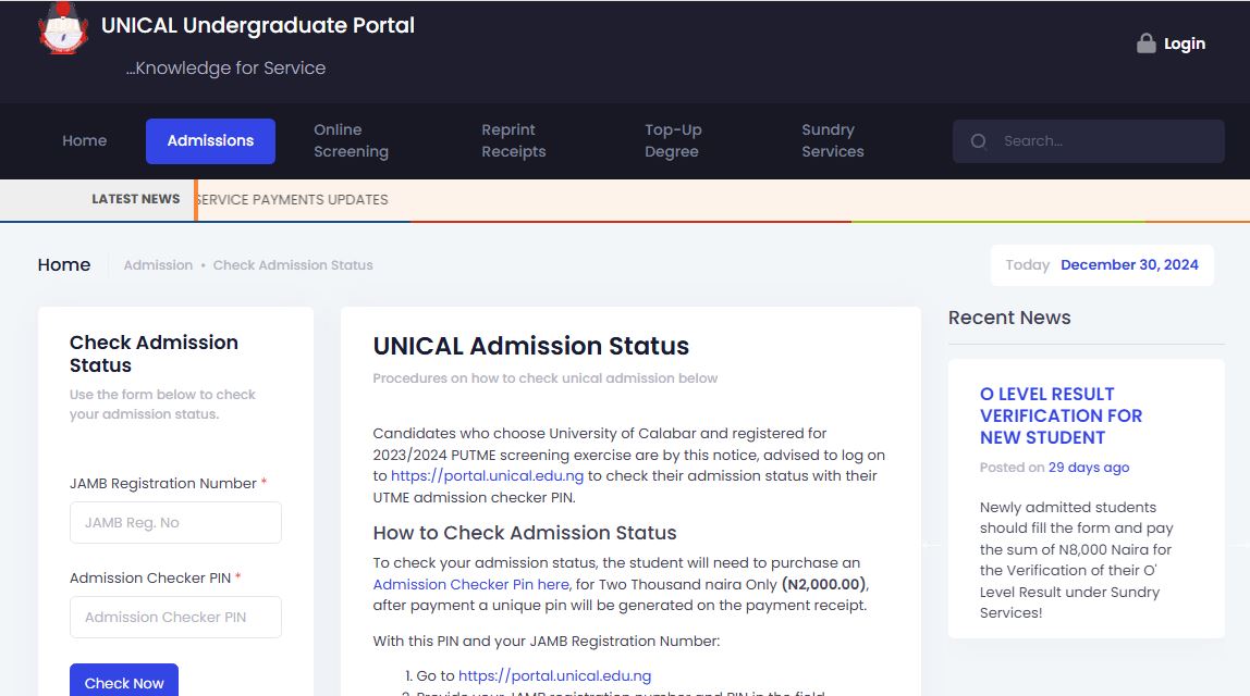 How To Check UNICAL Admission List On School Portal